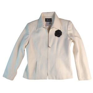 Sag Harbor Women's Cream Wool Blend Zip Jacket Beaded Sequin Flower Pin Size 8